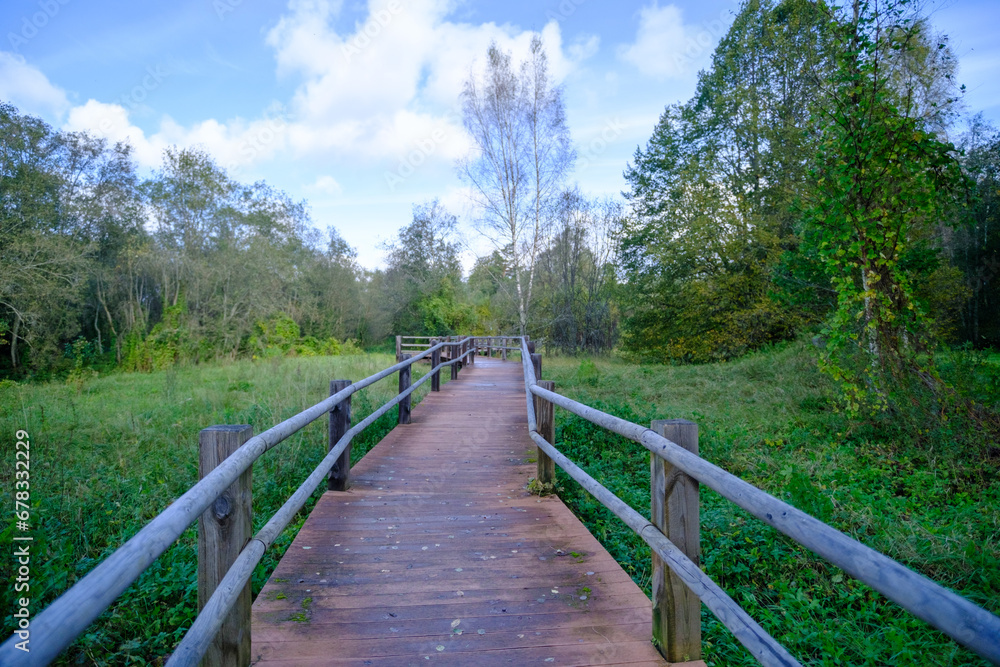 A wooden bridge, a path with a railing as a place for tourists to walk to an environmental object that is difficult to access. Autumn in Latvia