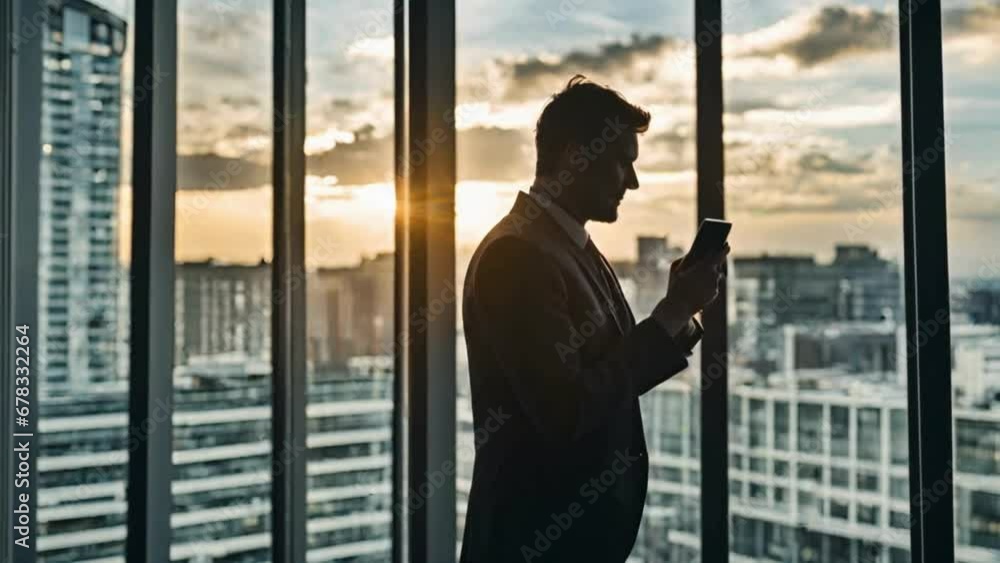 Silhouette Slow motion Businessman Standing With Smartphone By Window In The Office Silhouette Slow motion Businessman Standing With Smartphone By Window In The Office