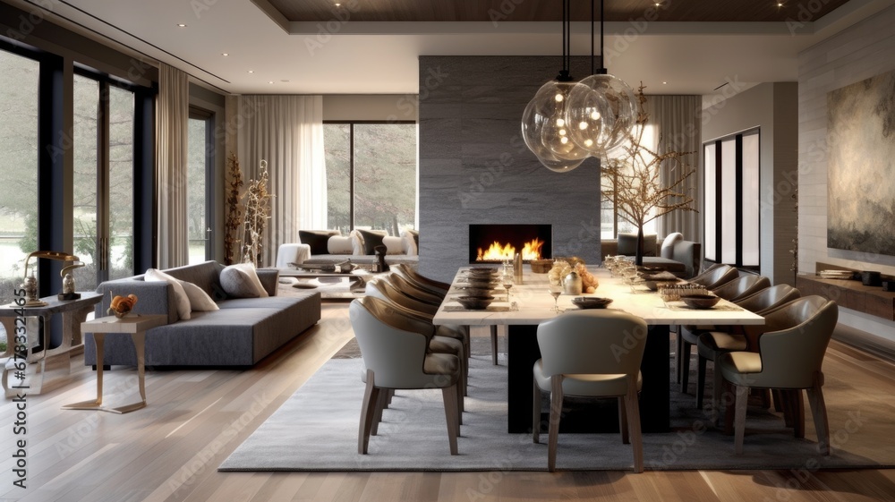 Interior design inspiration of Transitional Contemporary style home dining room loveliness decorated with Stone and Metal material and Fireplace .Generative AI home interior design .