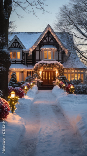 Beautiful christmas house in snowy forest at night. Christmas holiday concept.