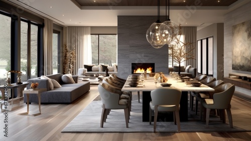 Interior design inspiration of Transitional Contemporary style home dining room loveliness decorated with Stone and Metal material and Fireplace .Generative AI home interior design . © Summit Art Creations