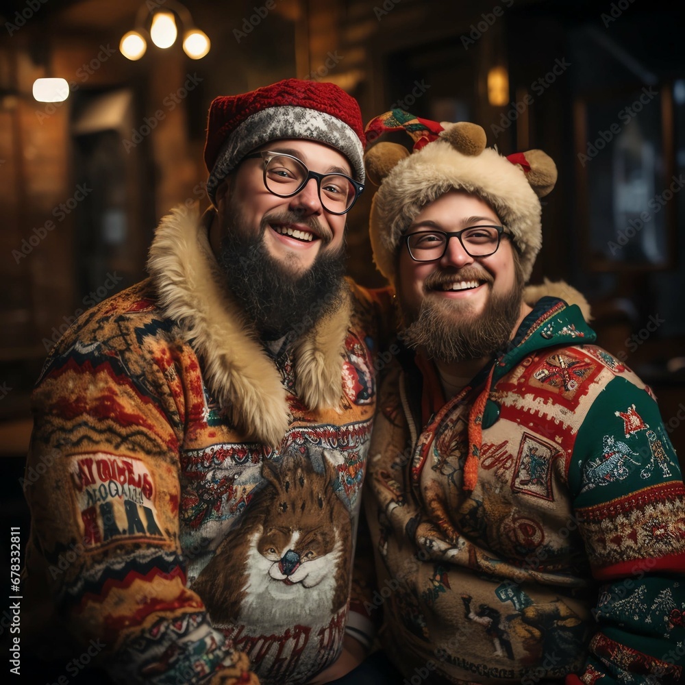 Friends are celebrating the ugly sweaters Christmas party