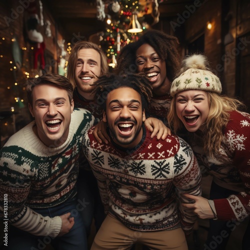 Friends are celebrating the ugly sweaters Christmas party photo