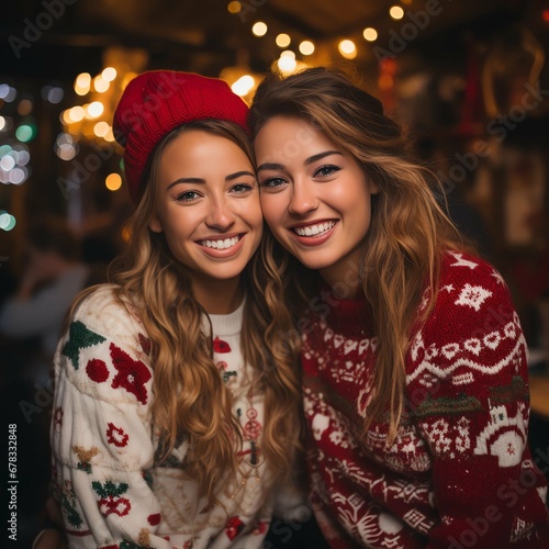 Friends are celebrating the ugly sweaters Christmas party