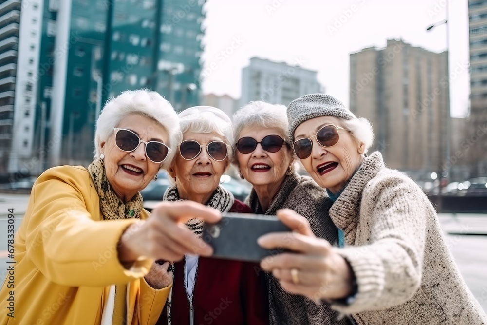 Happiness Knows No Age - Happy Grannies in the City: Group of Grandmas tourists Smiles and Selfies with Skyscrapers on phone. Happiness Knows No Age - Happy Grannies in the City: Group of Grandmas tourists Smiles and Selfies with Skyscrapers on phone.