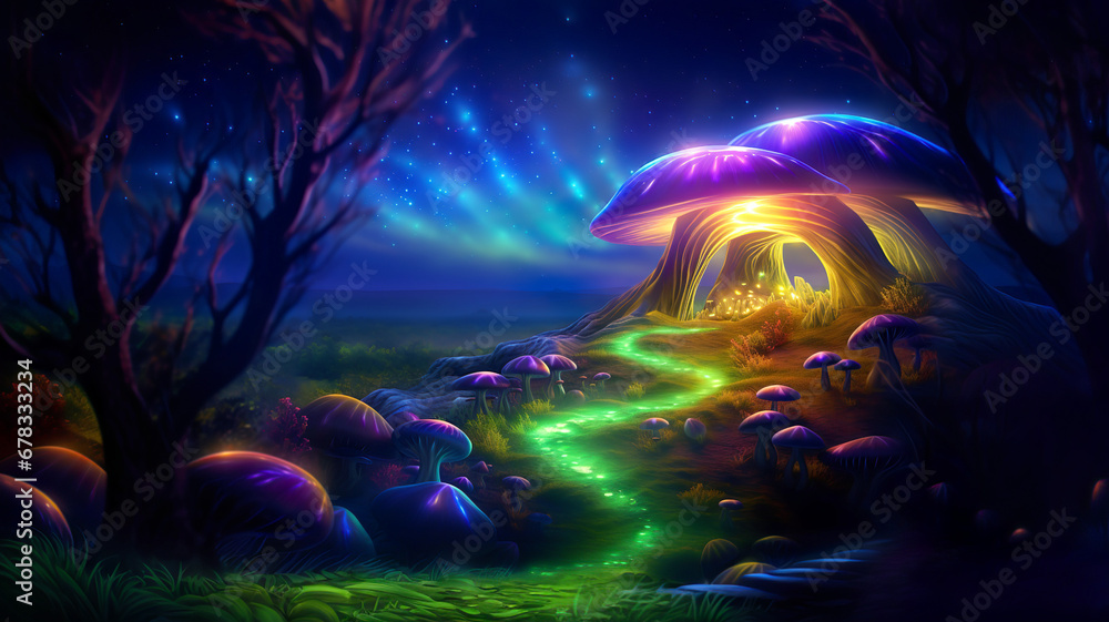 Magical fairy tale landscape with many shining mushrooms and glow of fireflies. Storybook illustration concept. AI generated.