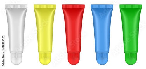 Set of lip gloss tubed. Lip, eye cream, serum. Cosmetic product container mockup. White, yellow, red, blue and green bottles