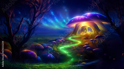 Magical fairy tale landscape with many shining mushrooms and glow of fireflies. Storybook illustration concept. AI generated.