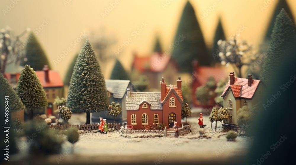 A small toy village with a red house