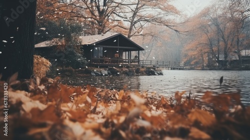 A boathouse sitting on top of a lake surrounded by leaves