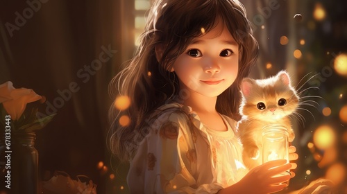 A little girl holding a kitten in her hands