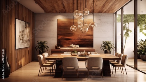 Interior design inspiration of Contemporary Modern style home dining room loveliness decorated with Wood and Metal material and Lighting .Generative AI home interior design .