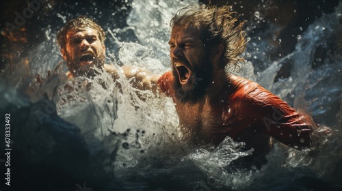 Two men in the water with their mouths open photo