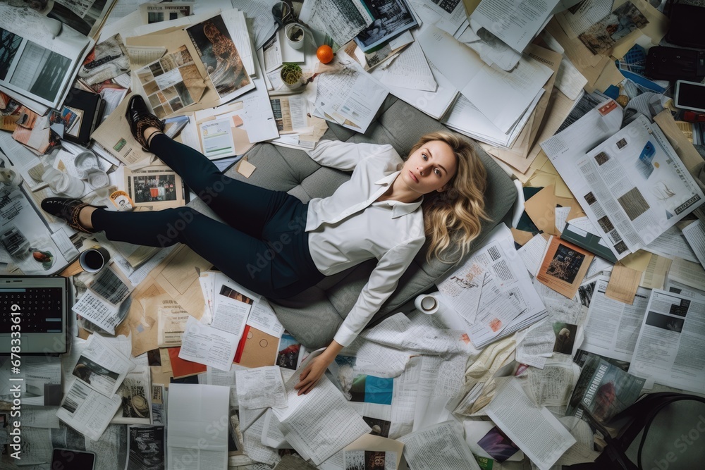 A top view of a young Scandinavian businesswoman lying on the floor that is full of papers and documents in an office scene. Generative AI image AIG30. - obrazy, fototapety, plakaty 