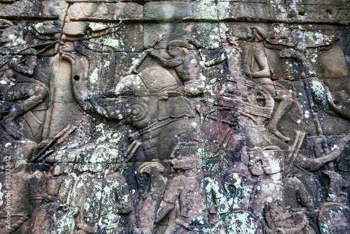 Carving of an elephant and mahood on the facade of the Angkor Thom Bayon temple, Angkor, Cambodia, Asia