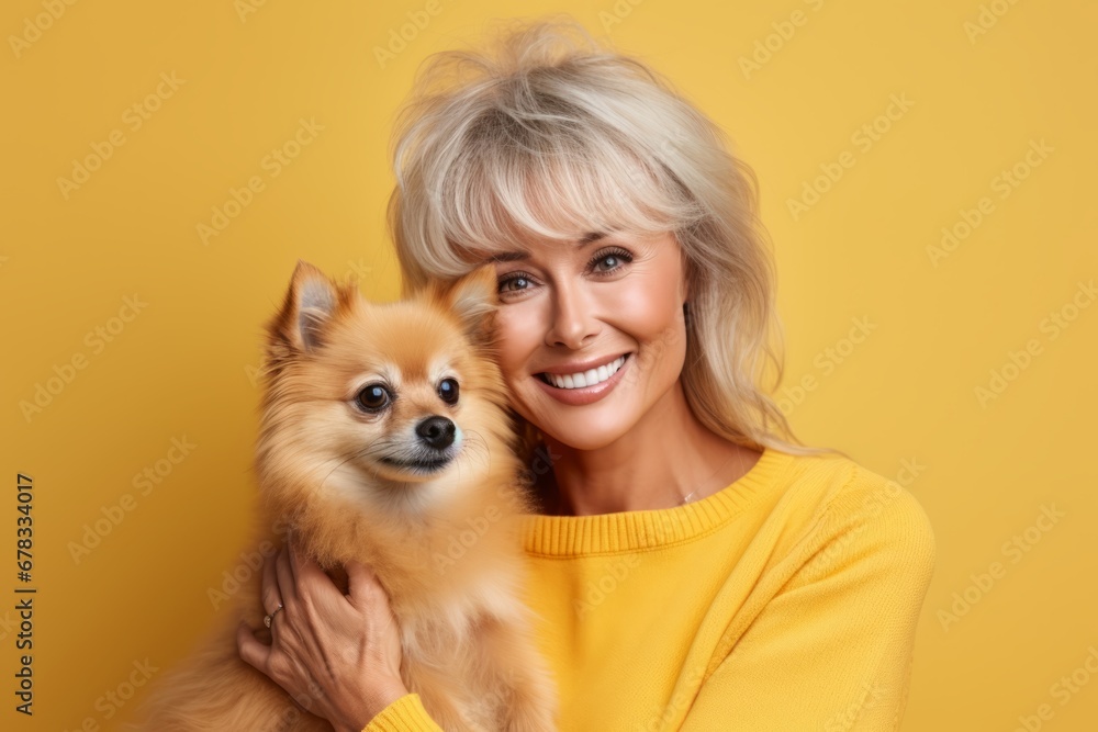 senior woman with a dog in her hands on a yellow background in yellow clothes. senior woman with a dog in her hands on a yellow background in yellow clothes.