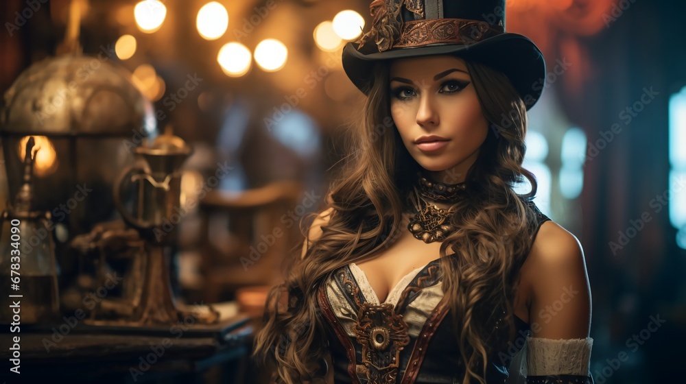 Fototapeta premium Portrait of a beautiful woman and steampunk environment, wallpaper format.