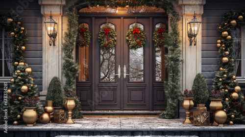 Of a classic wooden front door with Christmas decorations.