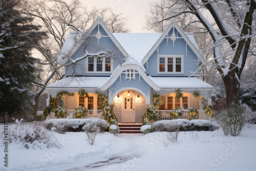 Beautiful old house in winter with snow covered trees and shrubs.
