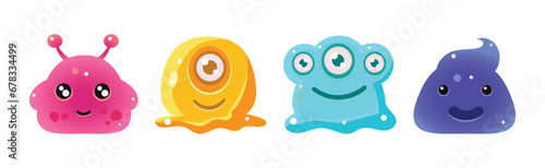 Cute Colorful Jelly Monster and Funny Aliens Vector Set