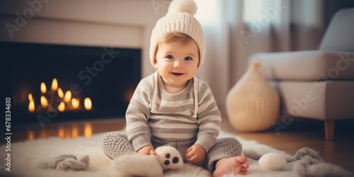 Cute baby in knitted clothes playing at home.