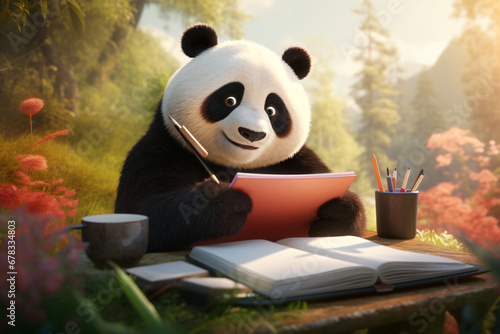 panda is writing in a book