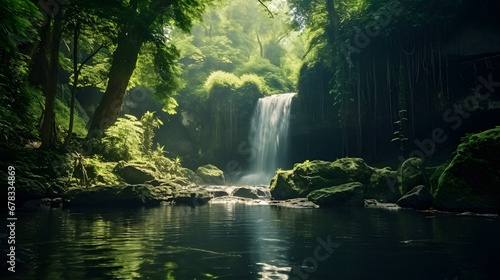 Charming Secluded Waterfall Hidden in a Verdant Forest  Enhanced with Soft and Muted Tones to Evoke a Serene and Enigmatic Atmosphere