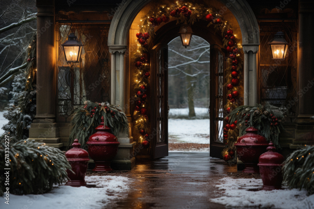 Beautiful Christmas decorations on the porch of an old house in winter.