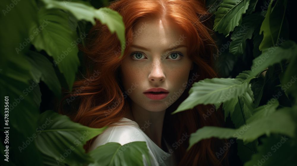 A close-up portrait of a beautiful red-haired woman standing behind green leaves. Advertising concept. A close-up portrait of a beautiful red-haired woman standing behind green leaves. Advertising concept.