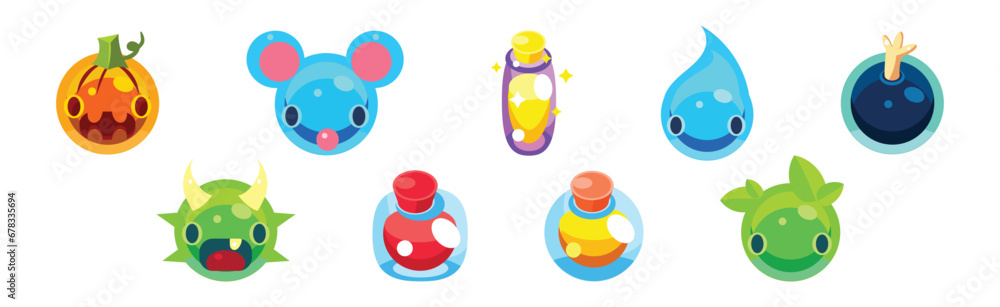 Obraz premium Flat Assets for Mobile Game with Funny Creatures Vector Set