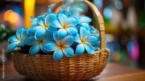 Plumeria flowers in the basket on blurred background  Frangipani flowers in the basket on blurred background. Springtime Concept. Valentine s Day Concept with a Copy Space. Mother s Day.