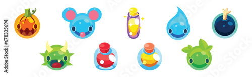 Flat Assets for Mobile Game with Funny Creatures Vector Set