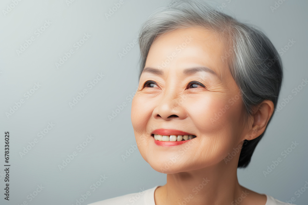 Beauty portrait of an attractive mature Asian woman with gray hair over gray background Beauty portrait of an attractive mature Asian woman with gray hair over gray background