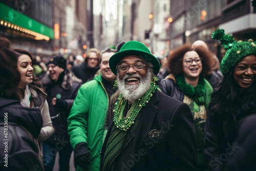 Diverse people having fun, wearing green costumes and celebrating St. Patrick's Day on a city street