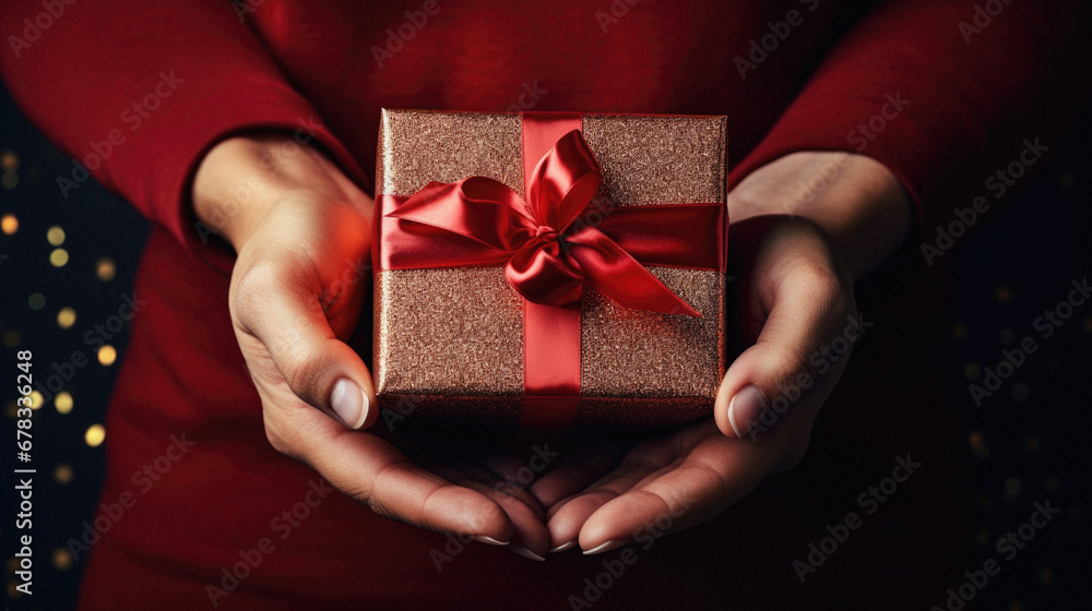 Female hands holding a gift box with a red ribbon on dark background. Female hands holding a gift box with a red ribbon on dark background.