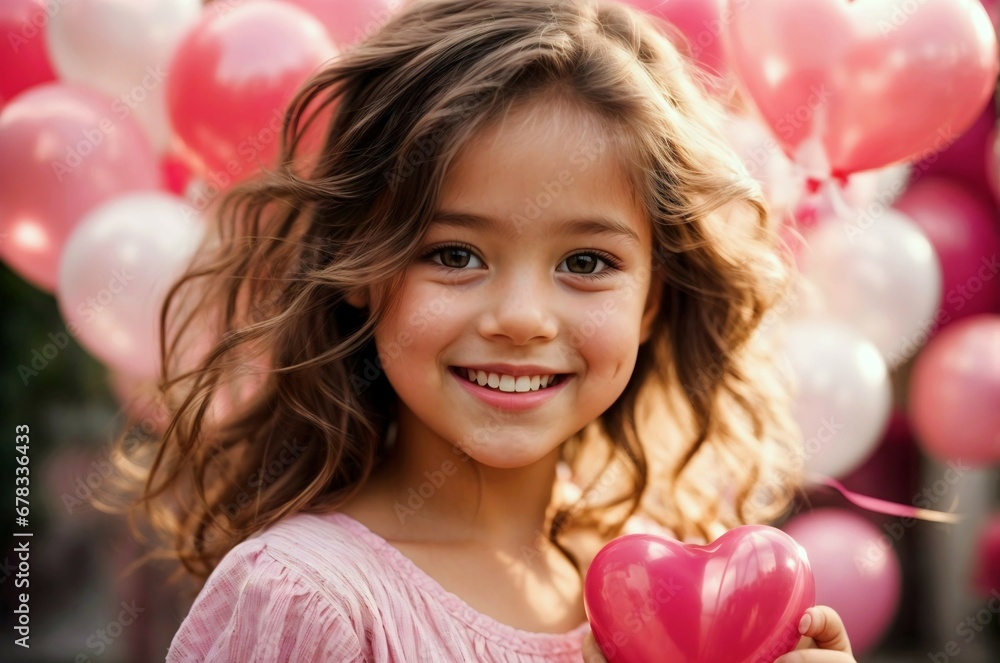 Portrait of cute happy little girl smiling with pink and white blank balloons, celebration concept background Portrait of cute happy little girl smiling with pink and white blank balloons, celebration concept background
