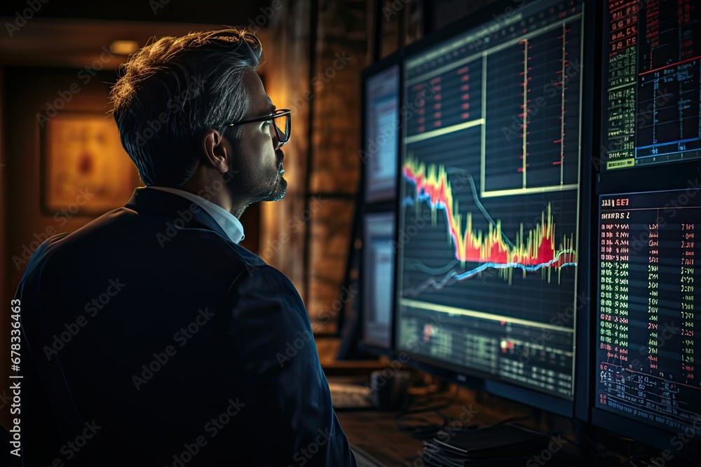 Man looking concentrated at an investment graph Man looking concentrated at an investment graph