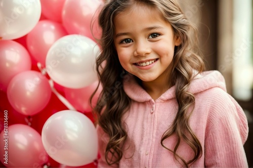 Portrait of cute happy little girl smiling with pink and white blank balloons, celebration concept background 