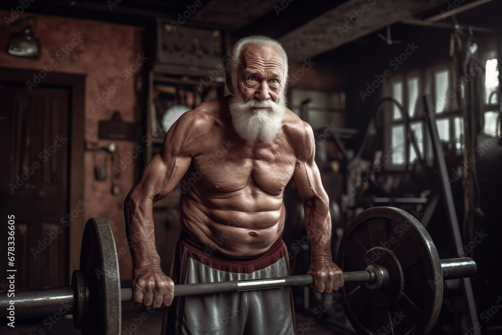 Bodybuilder. Elderly pensioner old man lifts a barbell in gym smiling. 60-70 Year Old Bodybuilder. Funny old grandfather in gym goes in for sports. Pensioner with smile lifts weight in sports club. - obrazy, fototapety, plakaty 