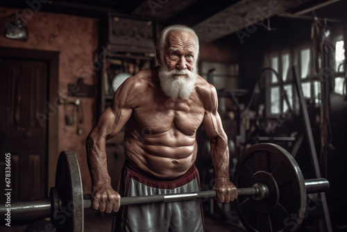 Bodybuilder. Elderly pensioner old man lifts a barbell in gym smiling. 60-70 Year Old Bodybuilder. Funny old grandfather in gym goes in for sports. Pensioner with smile lifts weight in sports club. photo