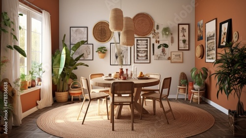 Interior design inspiration of Bohemian Eclectic style home dining room loveliness decorated with Wood and Wicker material and Gallery Wall .Generative AI home interior design .