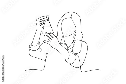SImple continuous drawing of woman check his reasearch result. Simple line, minimalist concept of research, simple line, black and white background.