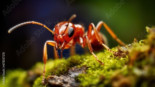 Close-up of a red wood ant in nature, generative ai.