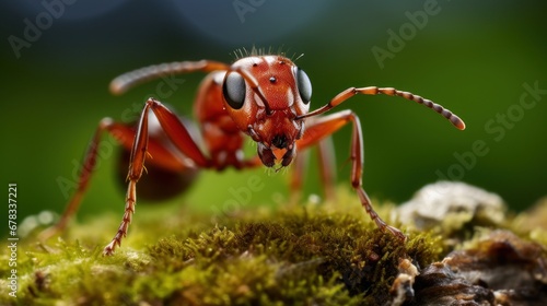 Close-up of a red wood ant in nature, generative ai. © Hixel