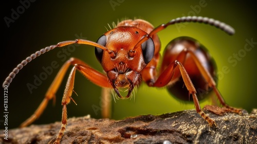 Close-up of a red wood ant in nature, generative ai. © Hixel