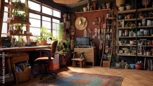 Inspiring office interior design Bohemian style Creative Space featuring Eclectic decor architecture. Generative AI AIG 31.