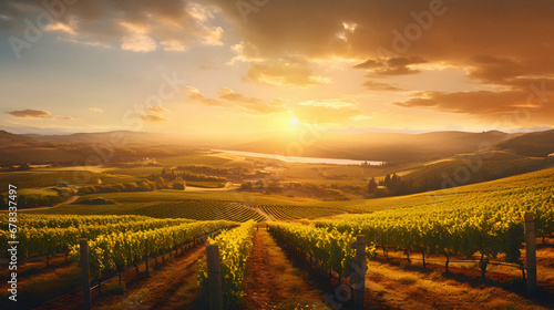 Charming Vineyard Landscape Under a Golden Sunset  Enhanced with Warm and Earthy Tones to Evoke a Romantic and Idyllic Ambiance