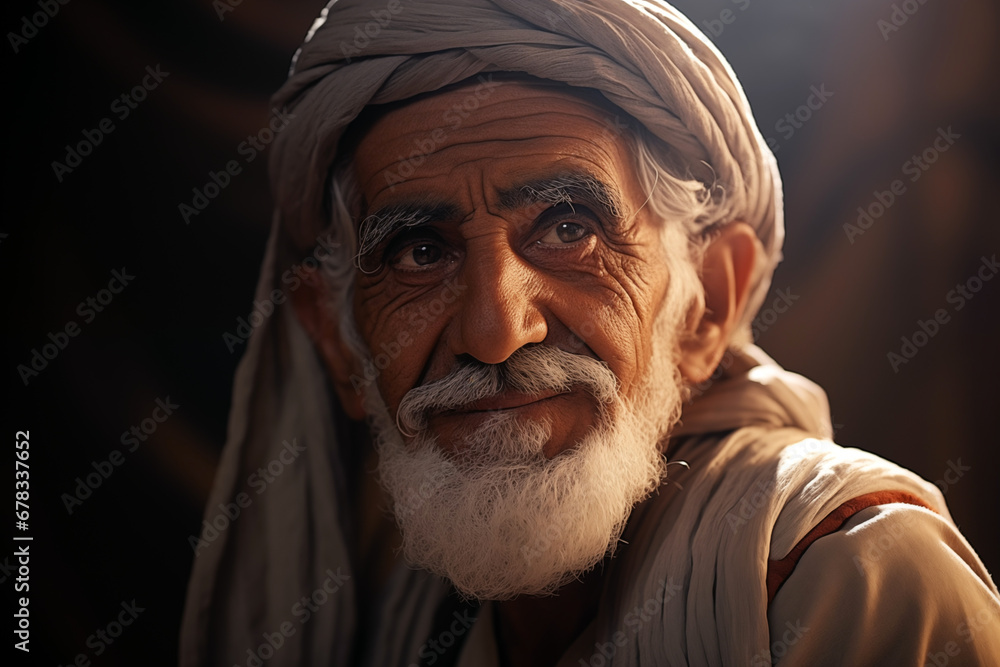 Smiling Arab elderly man. Muslim man. Old person. AI.