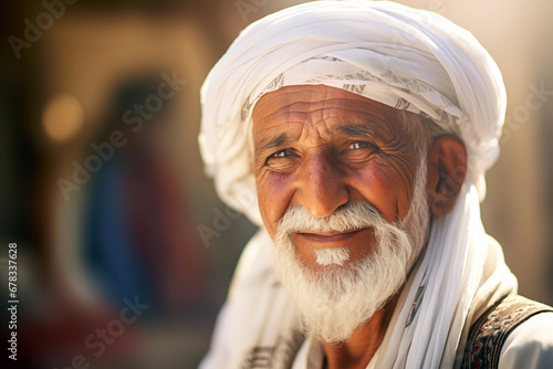 Smiling Arab elderly man. Muslim man. Old person. AI.