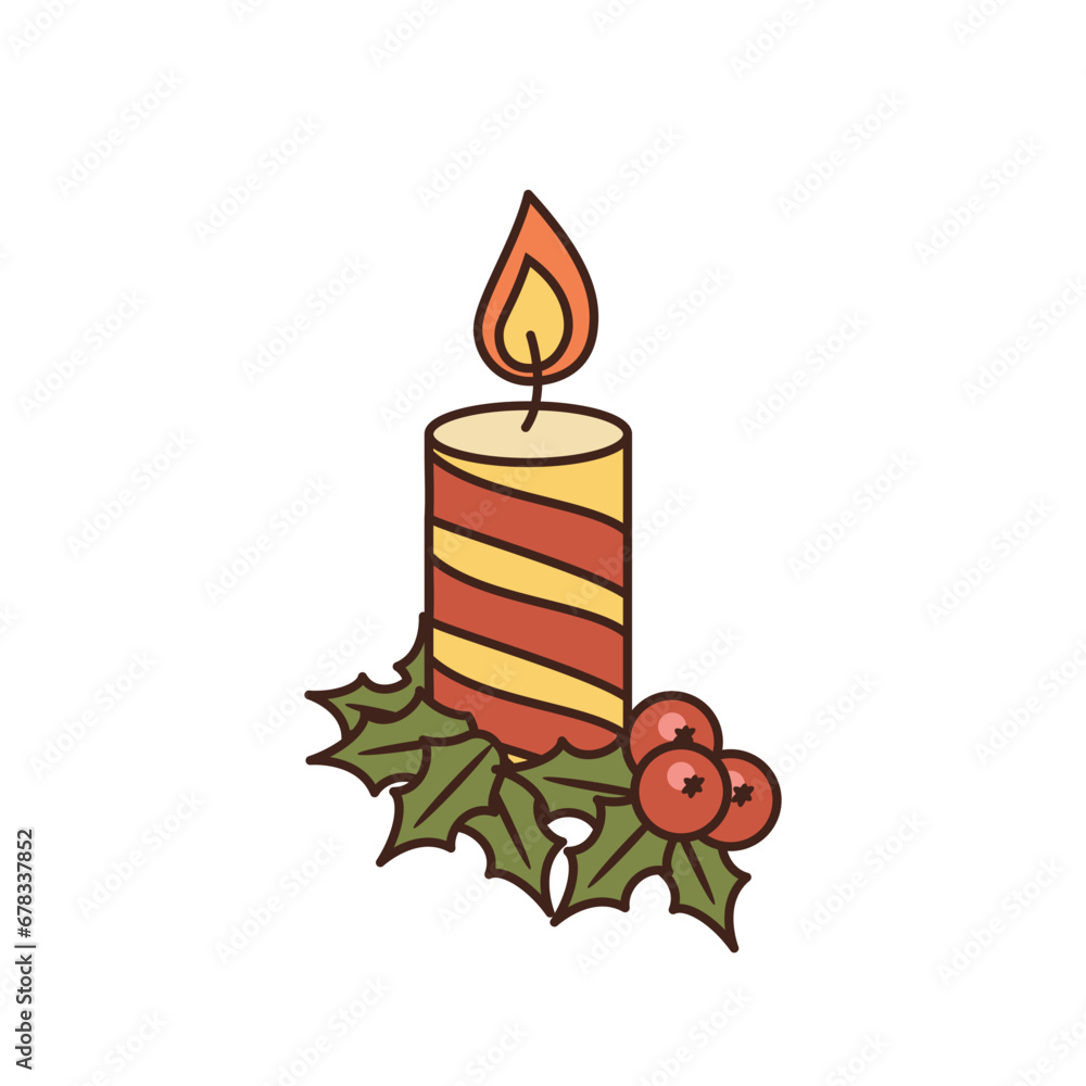 Isolated Christmas candle and holly berry. Vector Element of xmas and New Year events Isolated Christmas candle and holly berry. Vector Element of xmas and New Year events